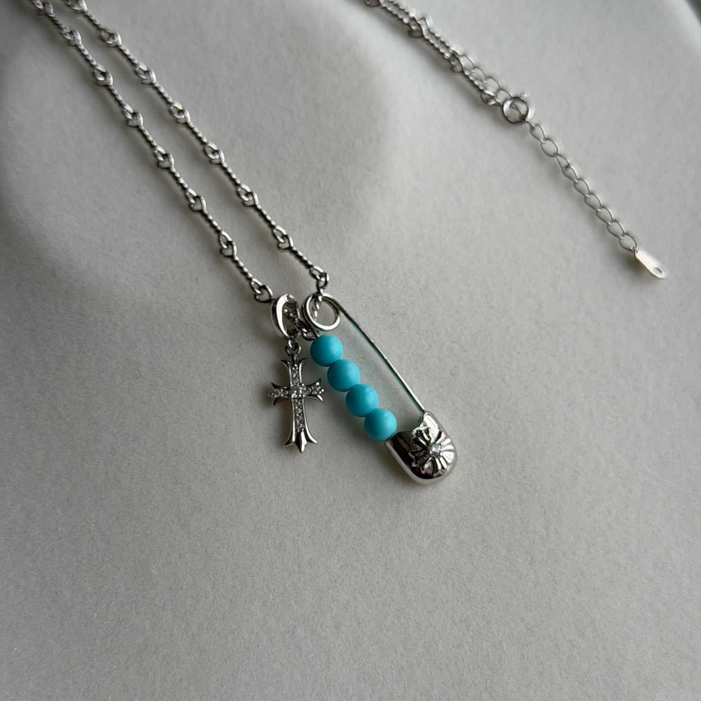 Super fun Chrome Turquoise heart with cross chain necklace s925 rock n roll cool style versatile necklace