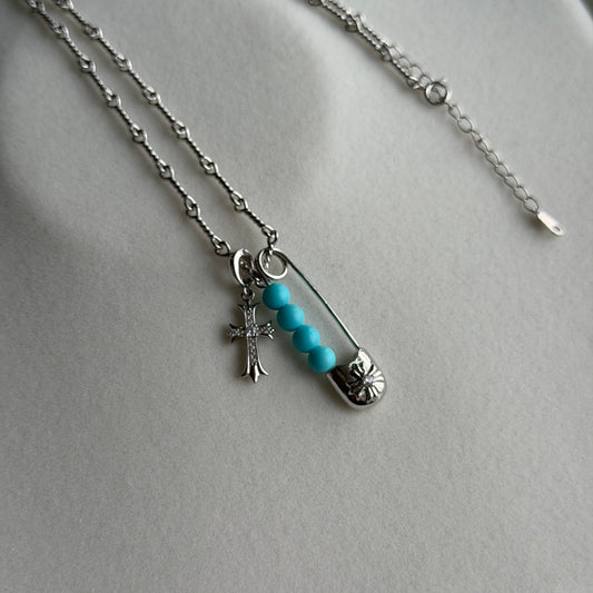Hold for Kim Super fun Chrome Turquoise heart with cross chain necklace s925 rock n roll cool style versatile necklace