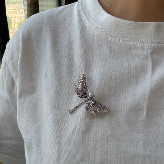 Silver purple Dragonfly Brooch Akoya Pearl 5mm