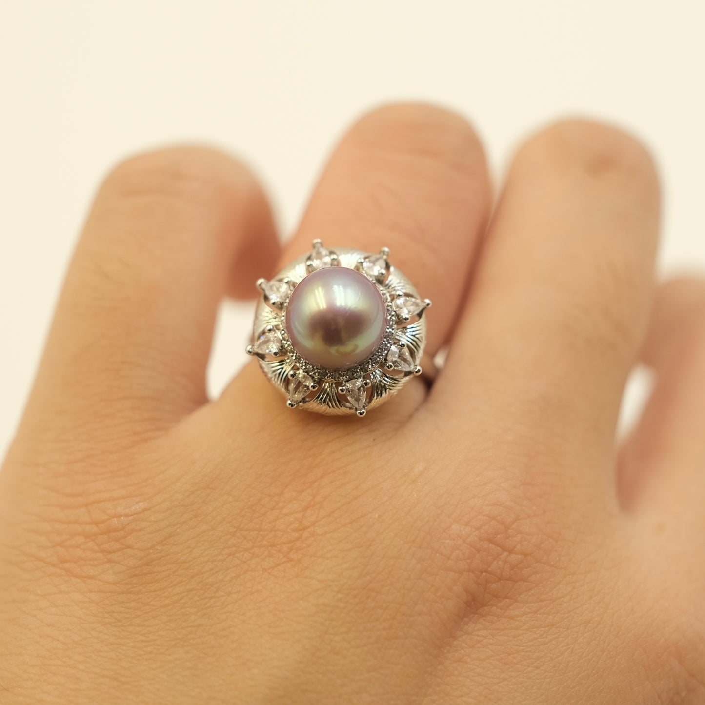 Vintage Floral ube purple Freshwater Edison Pearl Ring Alloy with white gold plated