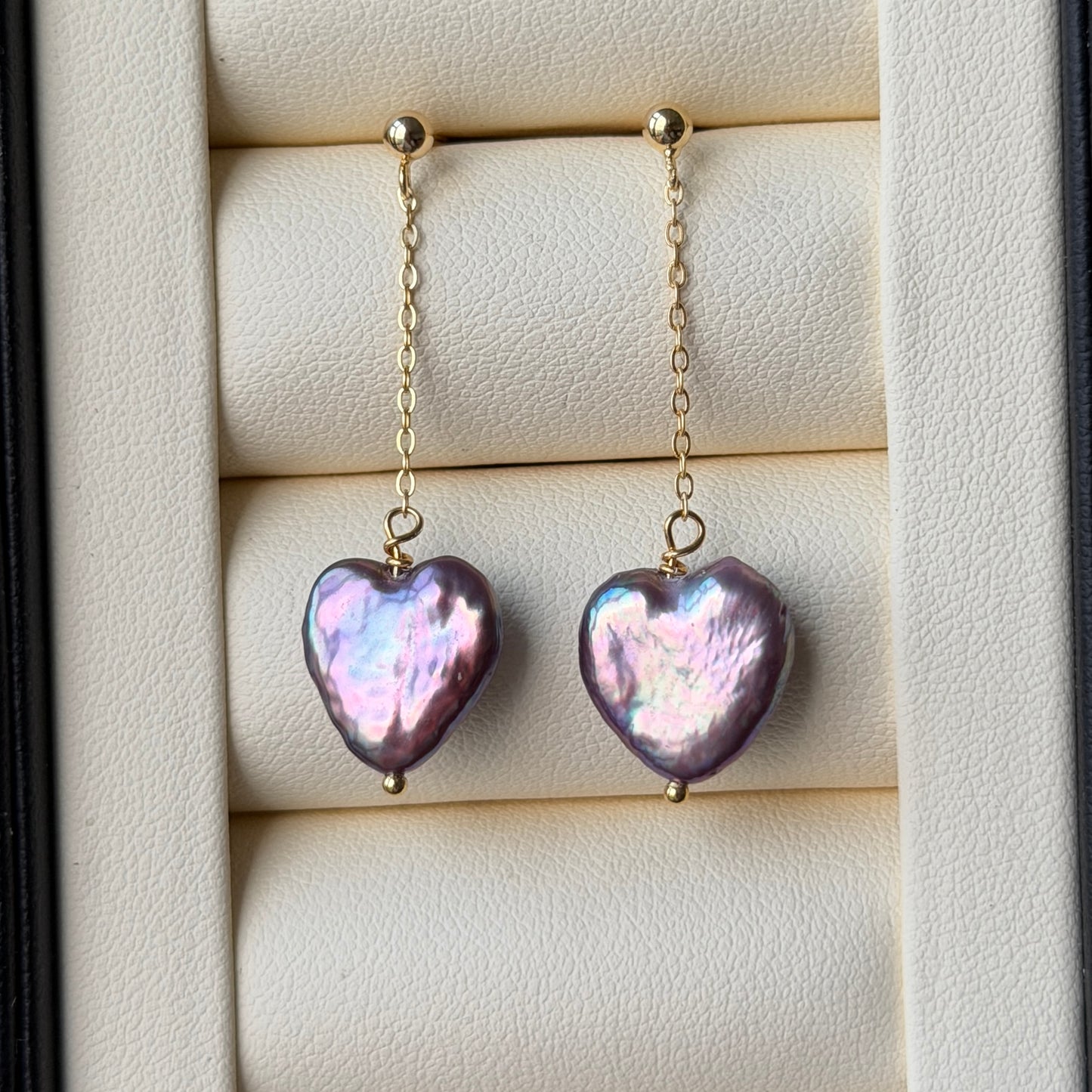 Purple metallic heart pearl flowy earrings s925 12-13mm