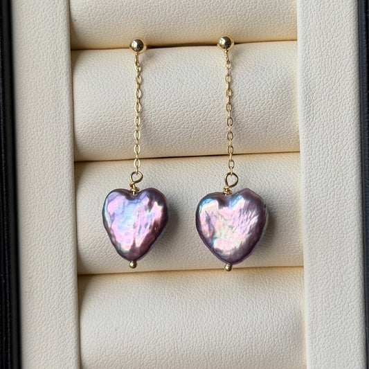 Purple metallic heart pearl flowy earrings s925 12-13mm