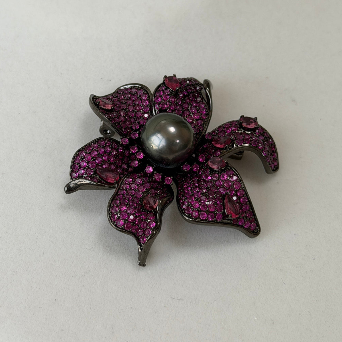 Black Tahitian Pearl Black Pink Floral Brooch