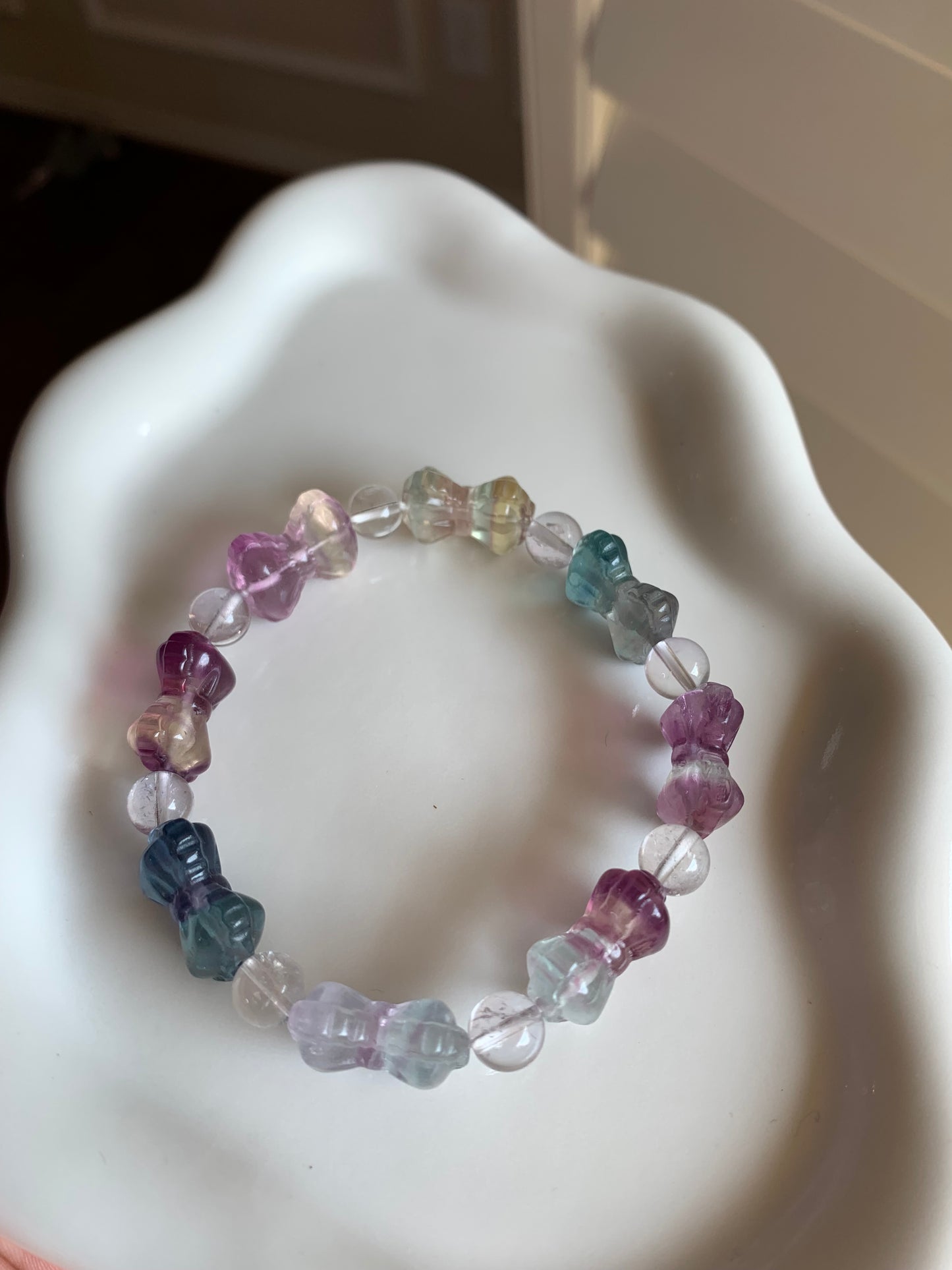 Fluorite Crystal Bracelet Bowtie Rainbow Fluorite Stone Bracelet, round crystal Gemstone Bracelet Beaded Stone Jewelry