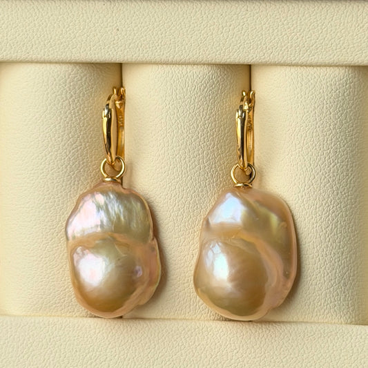 14-16mm Freshwater baroque earrings s925 Hoop style rose golden color