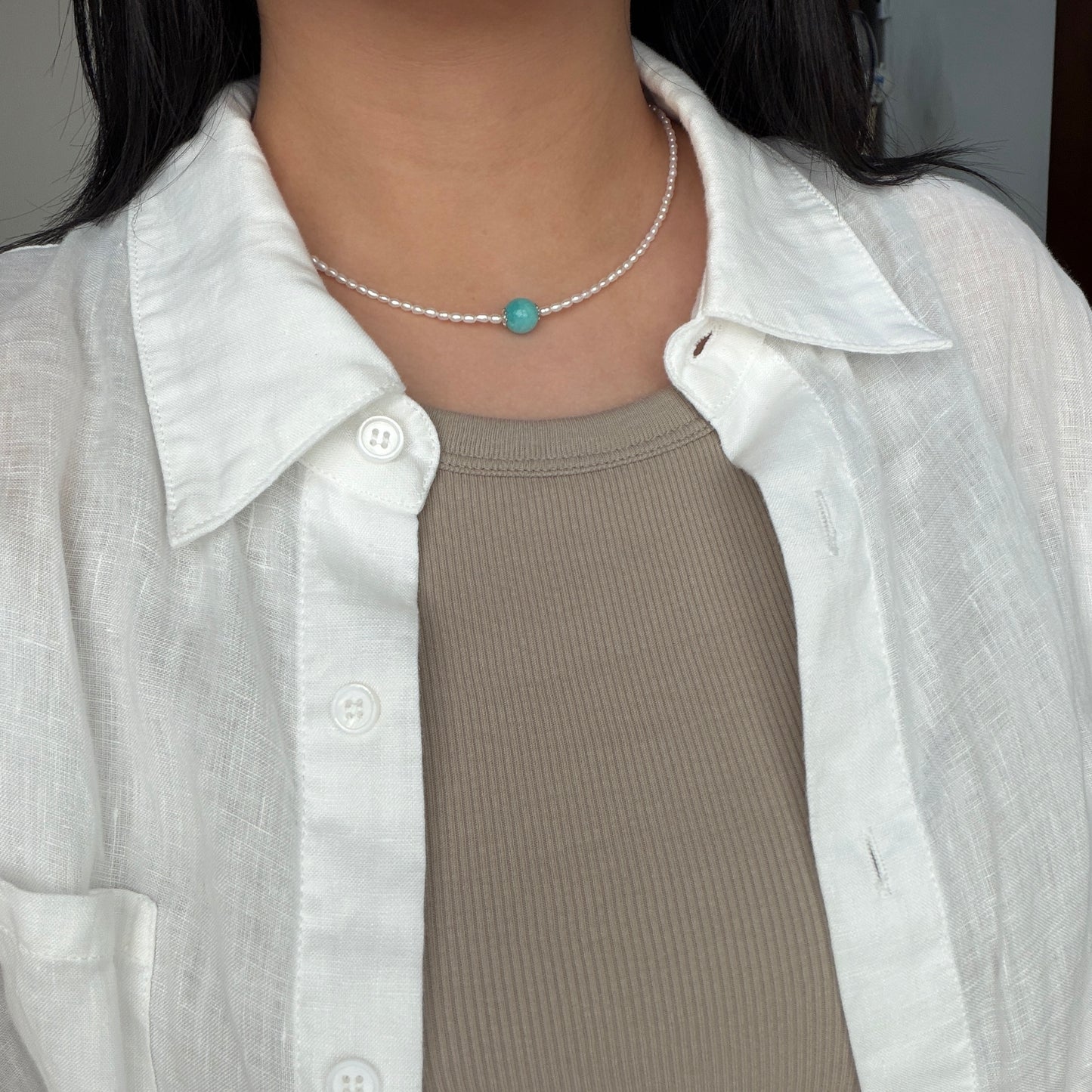 Stunning Tiffany Blue color Natural Amazonite stone 9-10mm with 2.5mm freshwater keshi fs s925