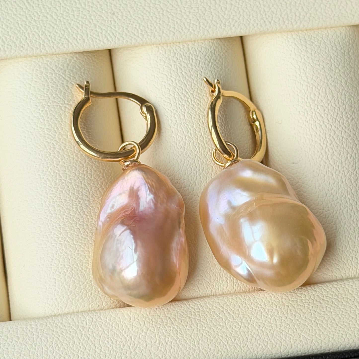 14-16mm Freshwater baroque earrings s925 Hoop style rose golden color