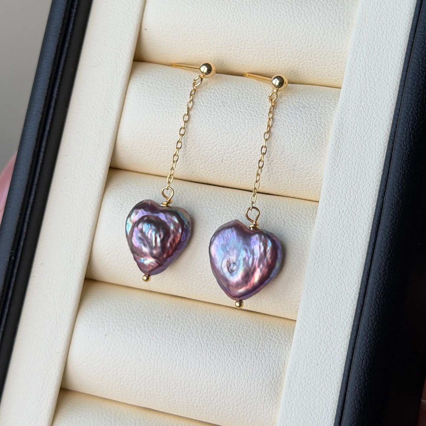 Purple metallic heart pearl flowy earrings s925 12-13mm