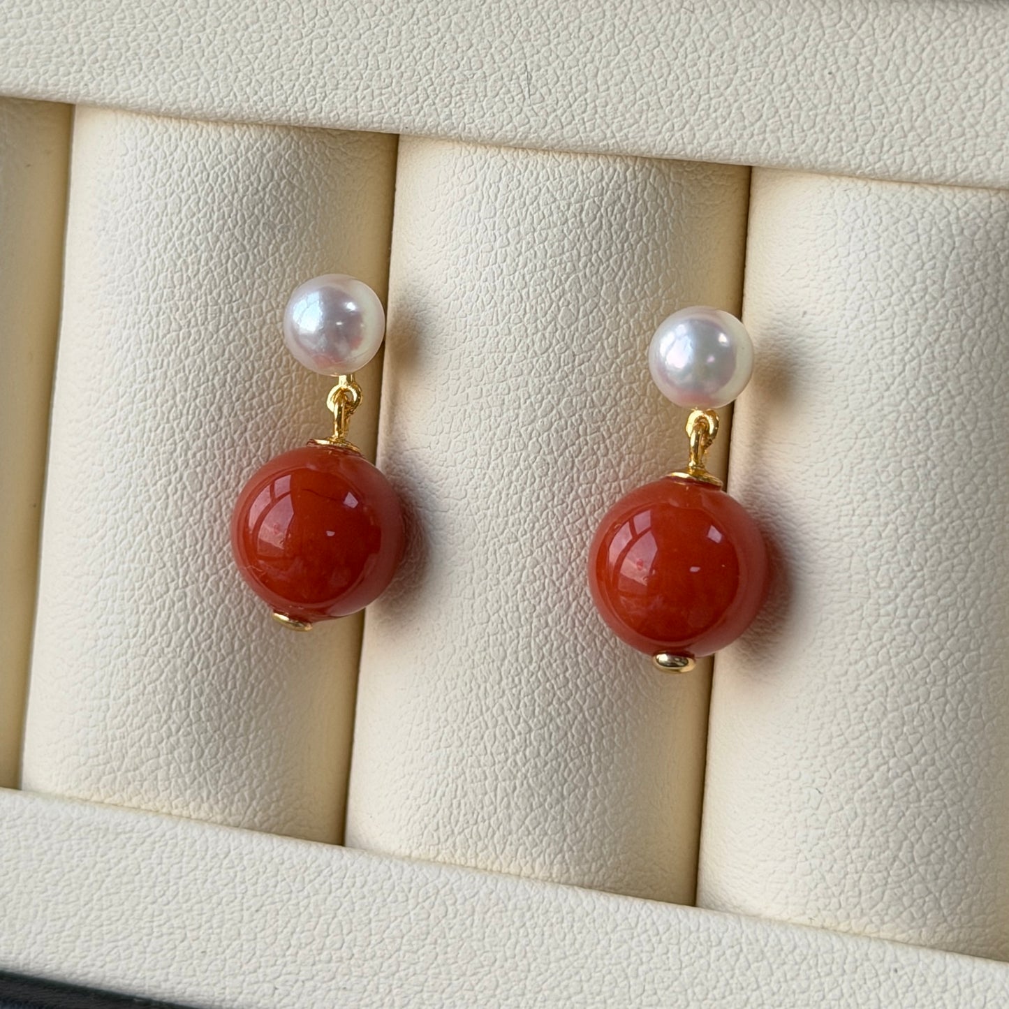 Double drop earrings south red agate with Akoya Pearl s925