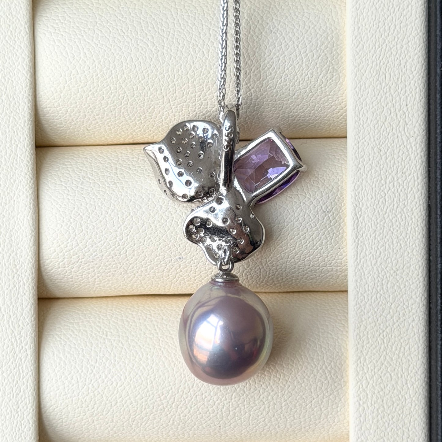 12mm metallic purple oval pearl Luxury Cz stone flower necklace s925