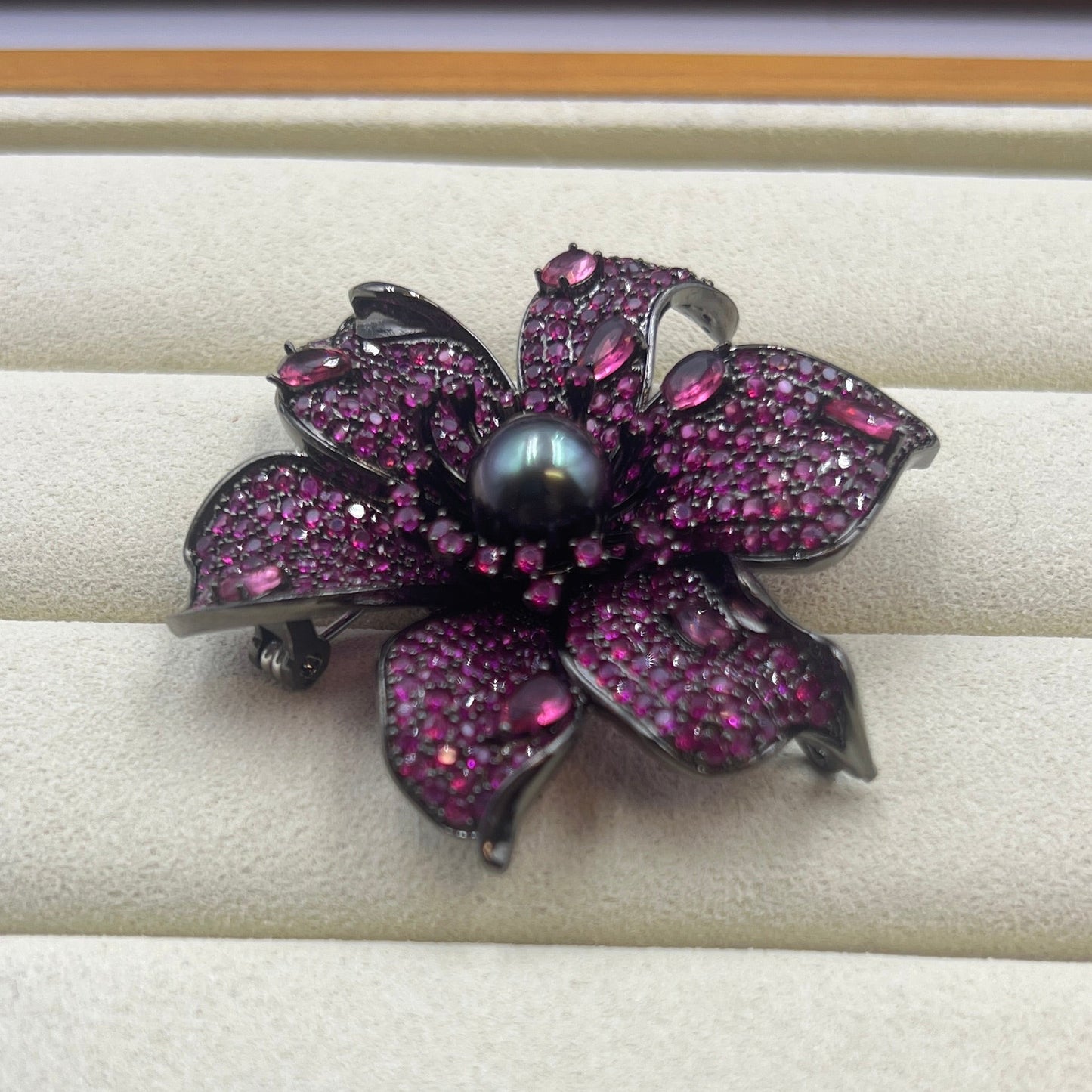 Black Tahitian Pearl Black Pink Floral Brooch