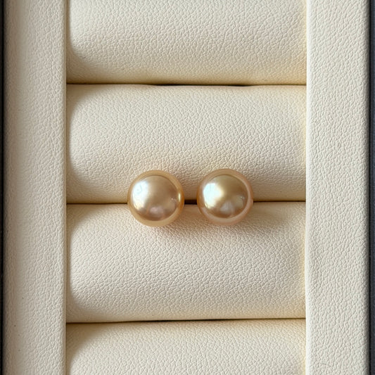 South sea golden Pearl 9.5mm smooth baroque earring stud s925