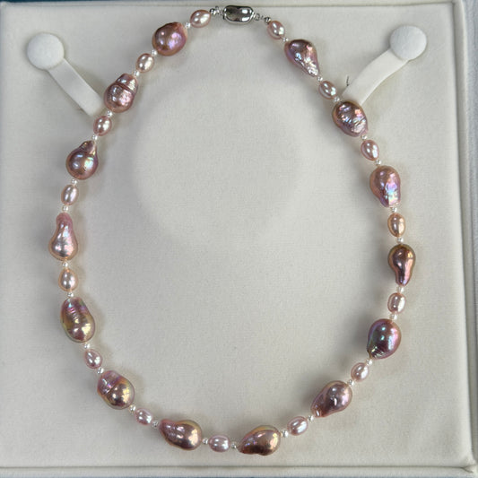 Deal Metallic Purple baroque pearl with pinky rose rice shape pearl necklace