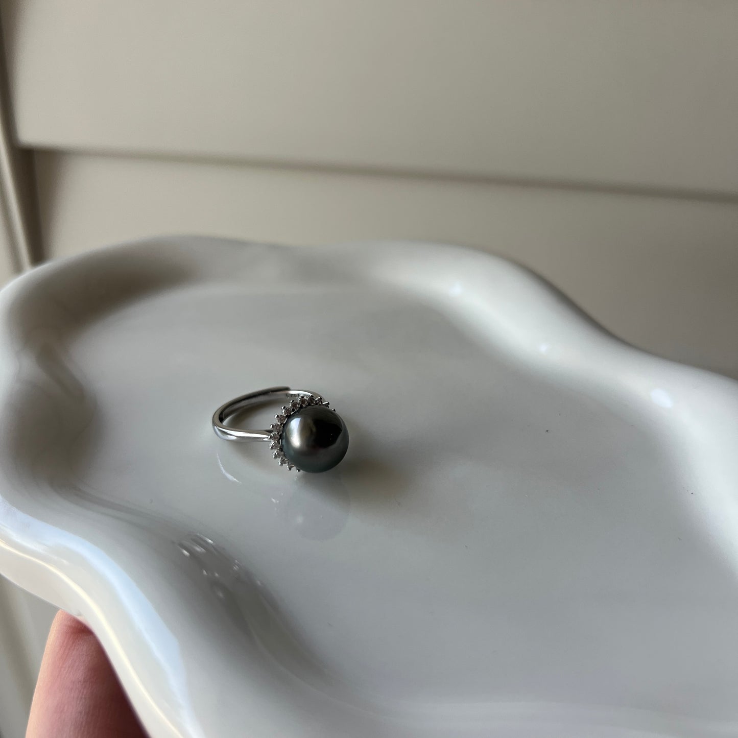 Black Tahitian pearl sunflower design ring s925 size adjustable