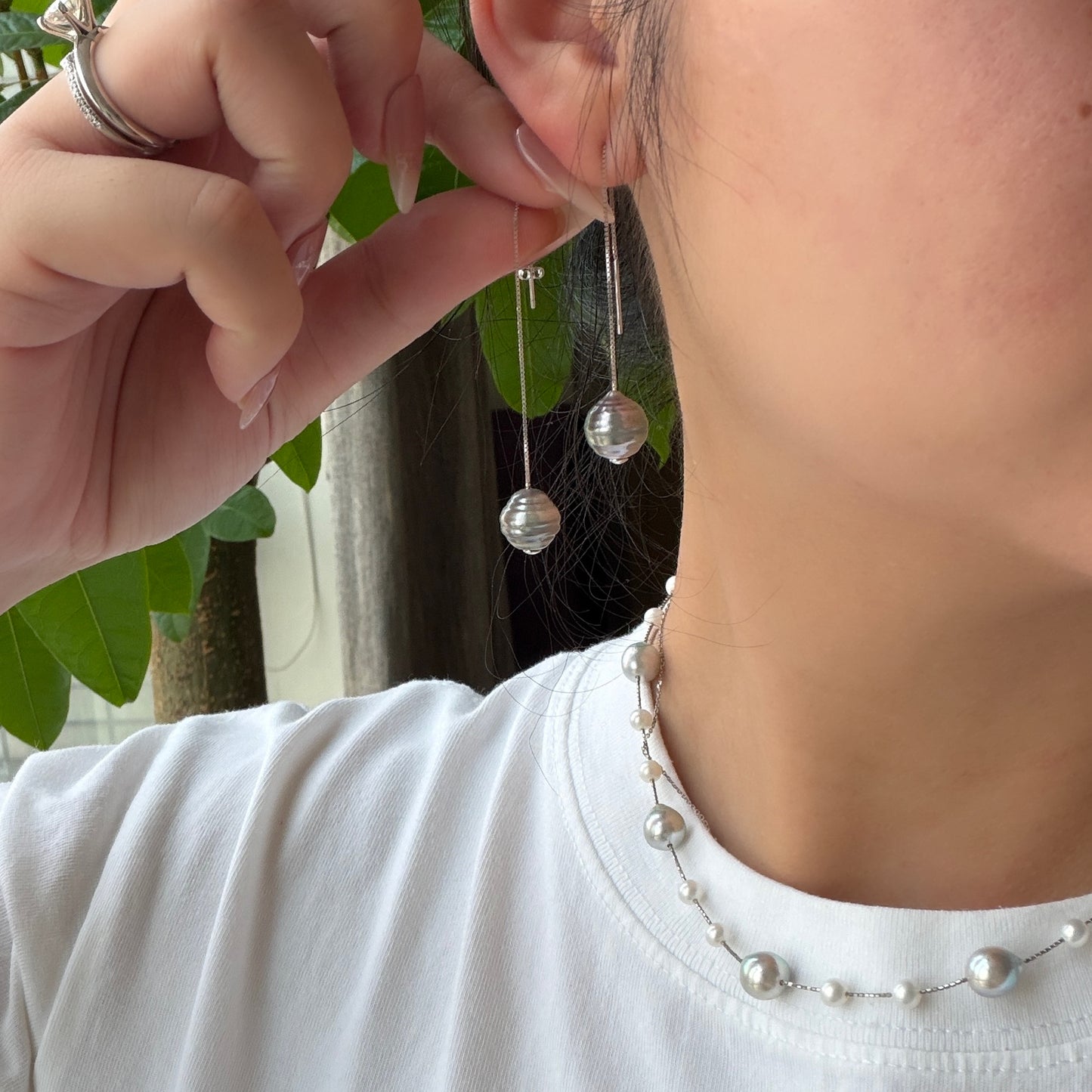 Deal Platinum Grey Black Tahitian pearl earrings Dangling style s925