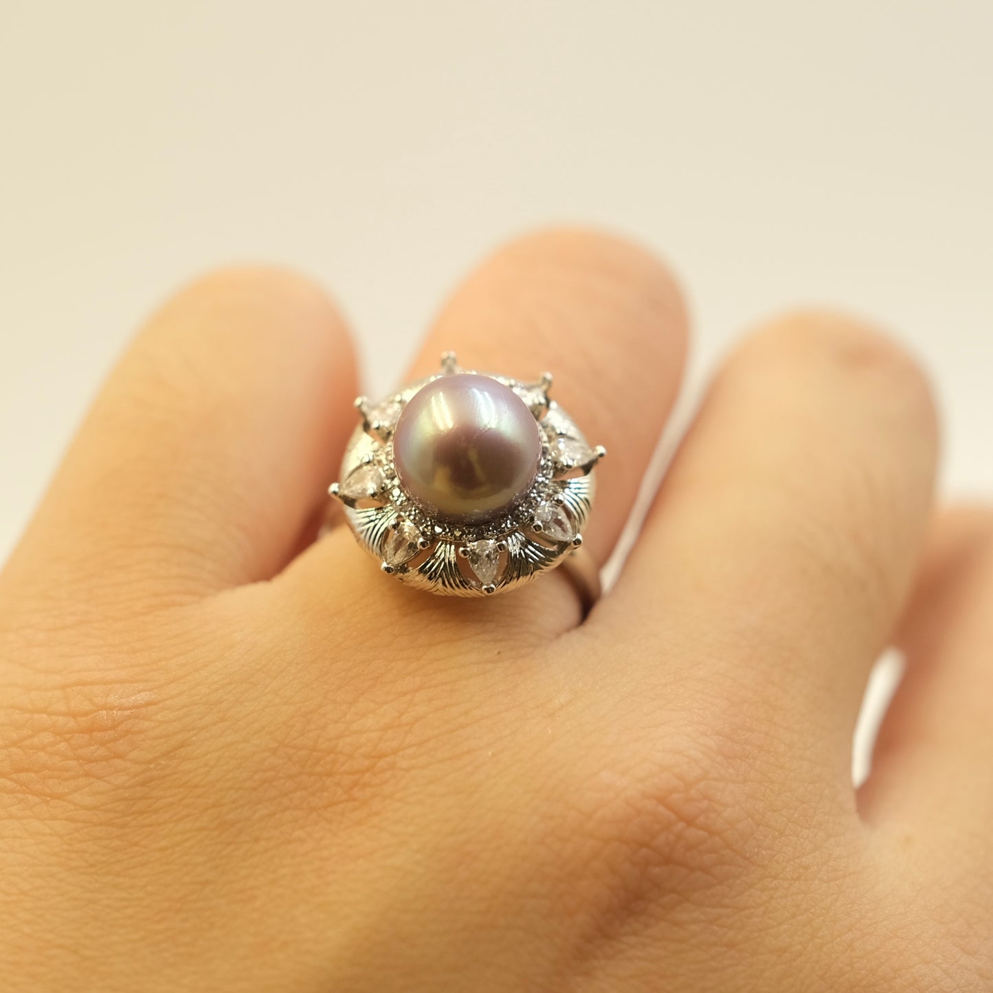 Vintage Floral ube purple Freshwater Edison Pearl Ring Alloy with white gold plated