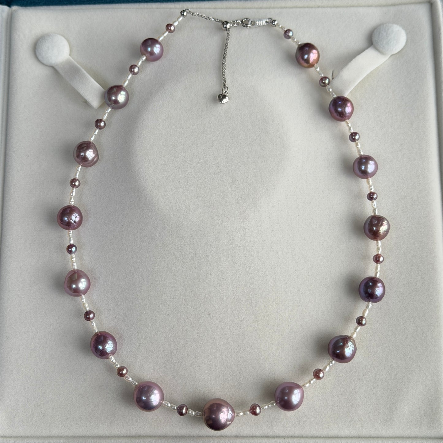 9.5-12mm & 4-5mm Metallic purple freshwater pearl necklace with white Freshwater Keshi s925
