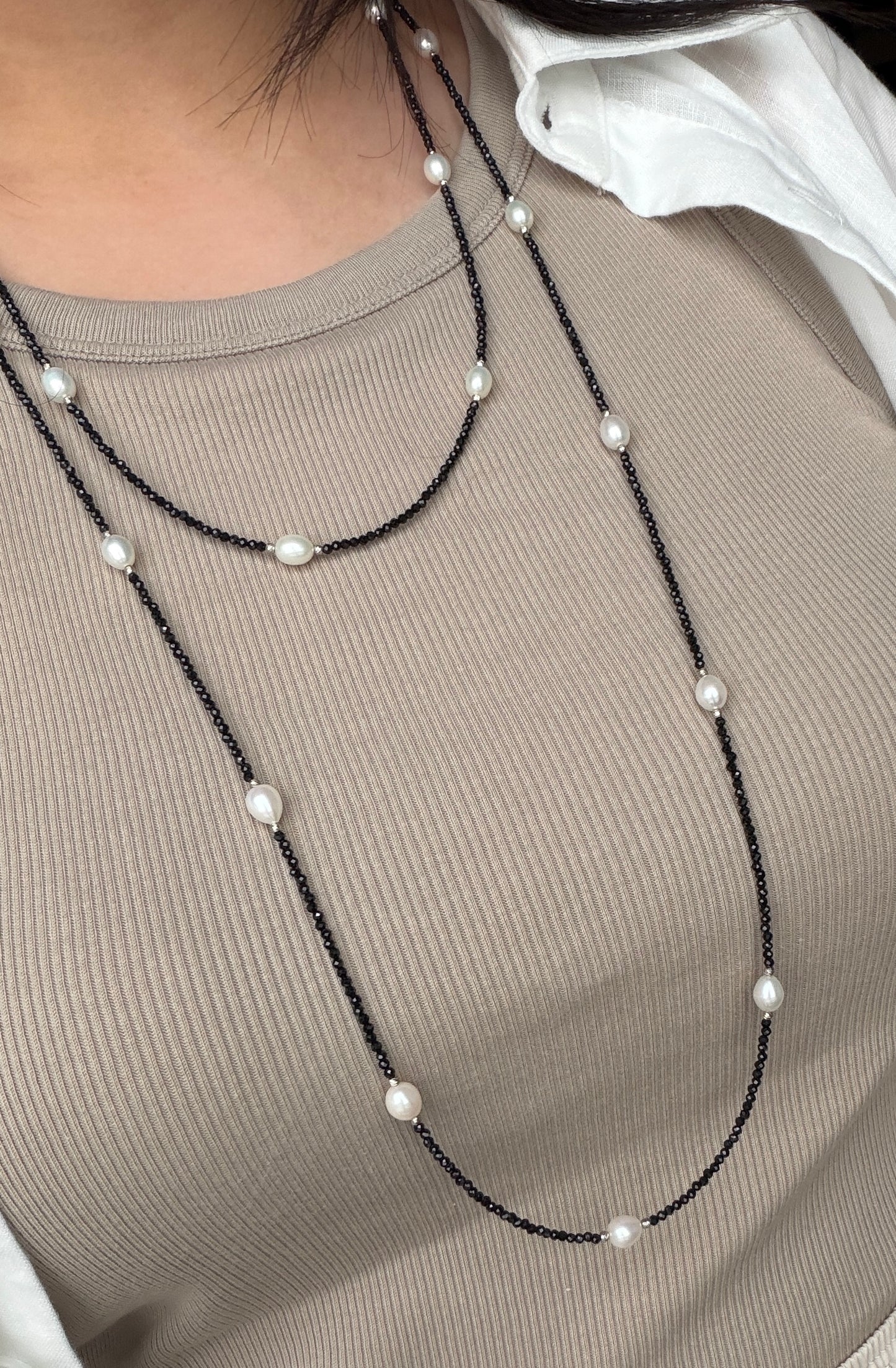 148cm(58in) long Versetile Black Spinel Pearl necklace s925