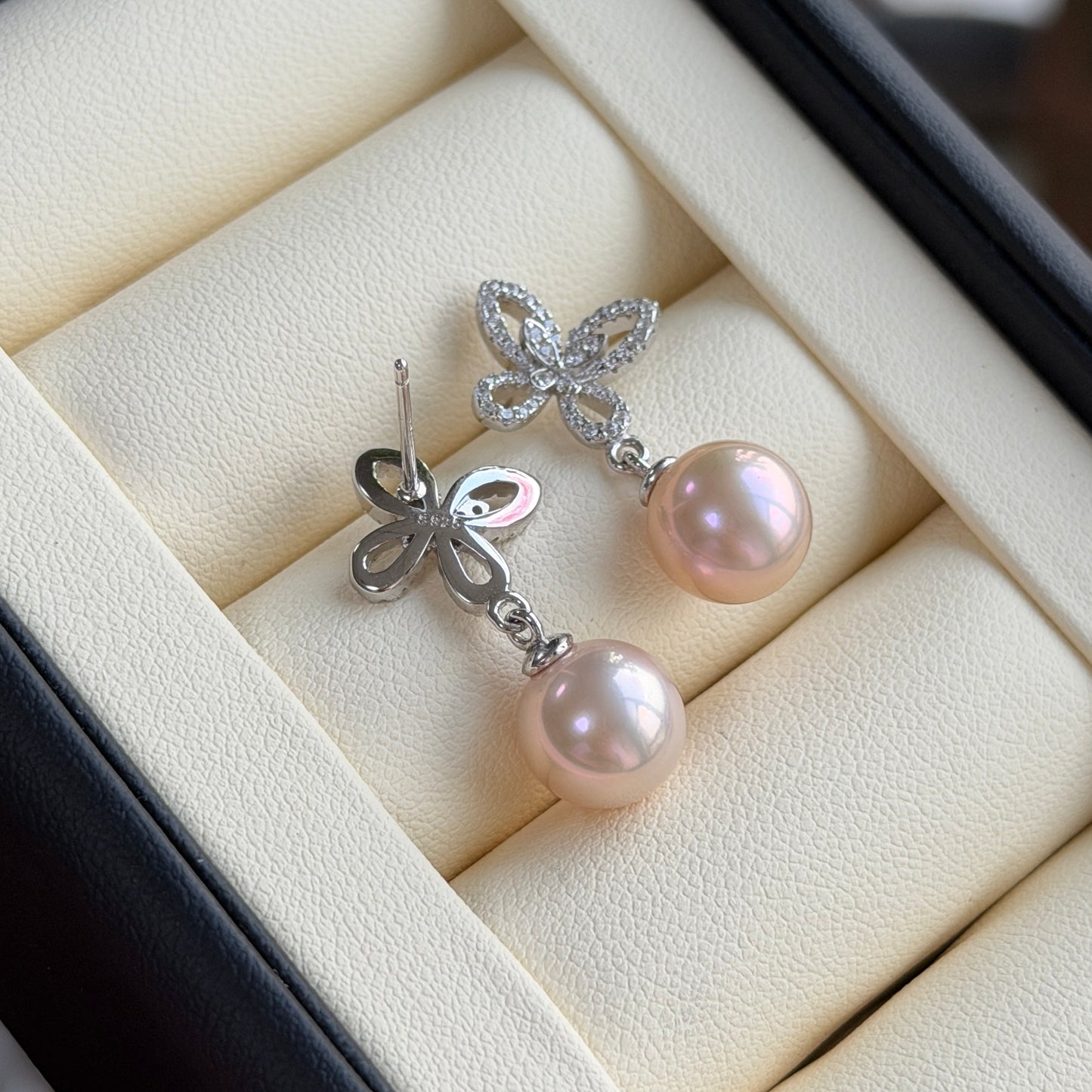 9-10mm Top grade Seedless Round shape Freshwater pearl butterfly earrings s925