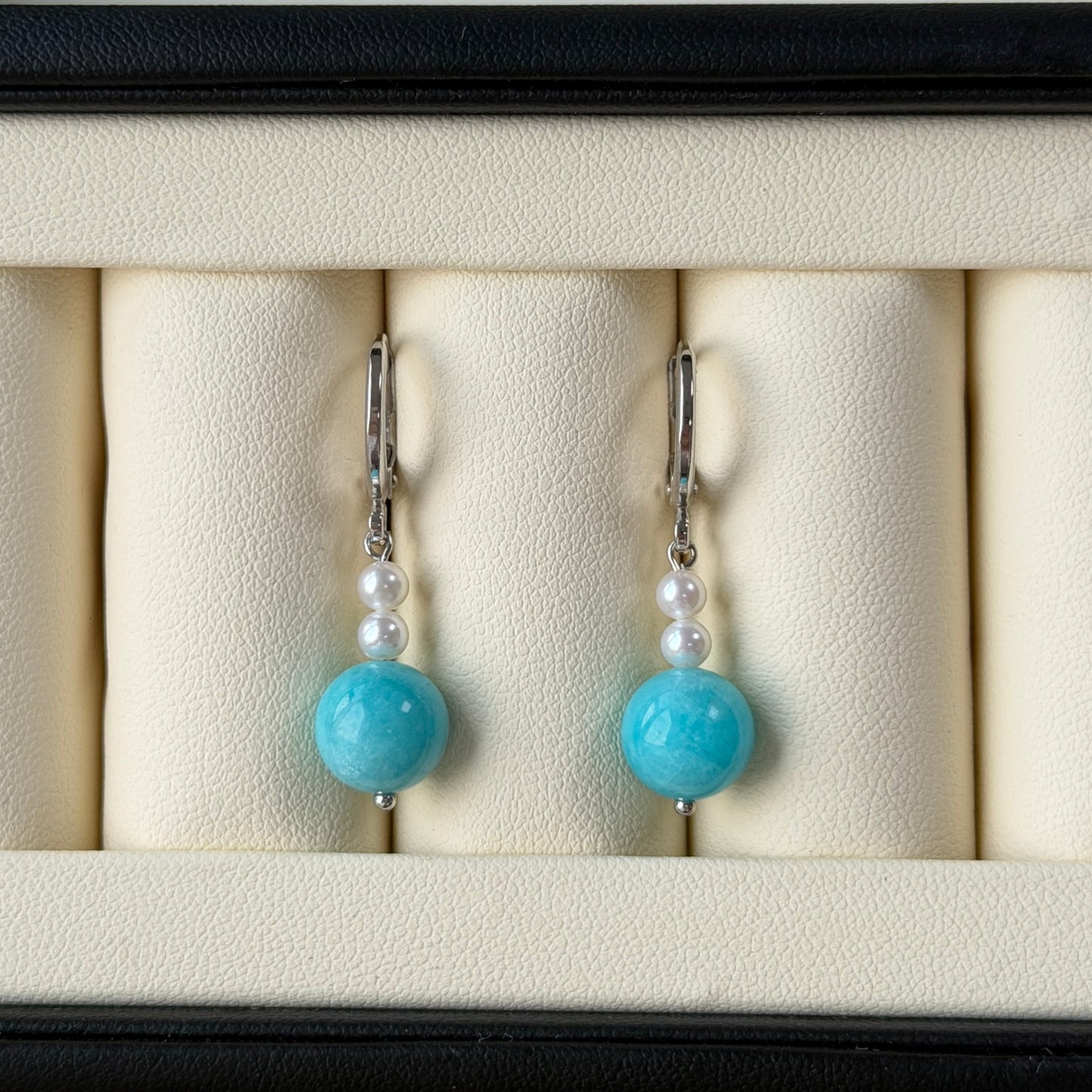 Tiffany blue color Amazonite pearl earring hoop style s925