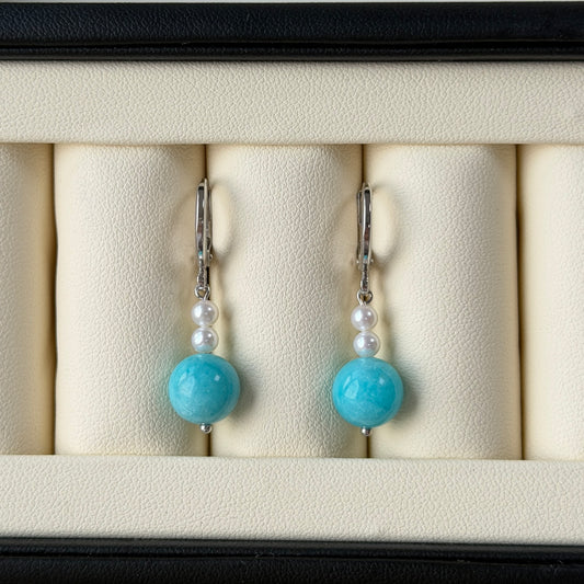 Tiffany blue color Amazonite pearl earring hoop style s925