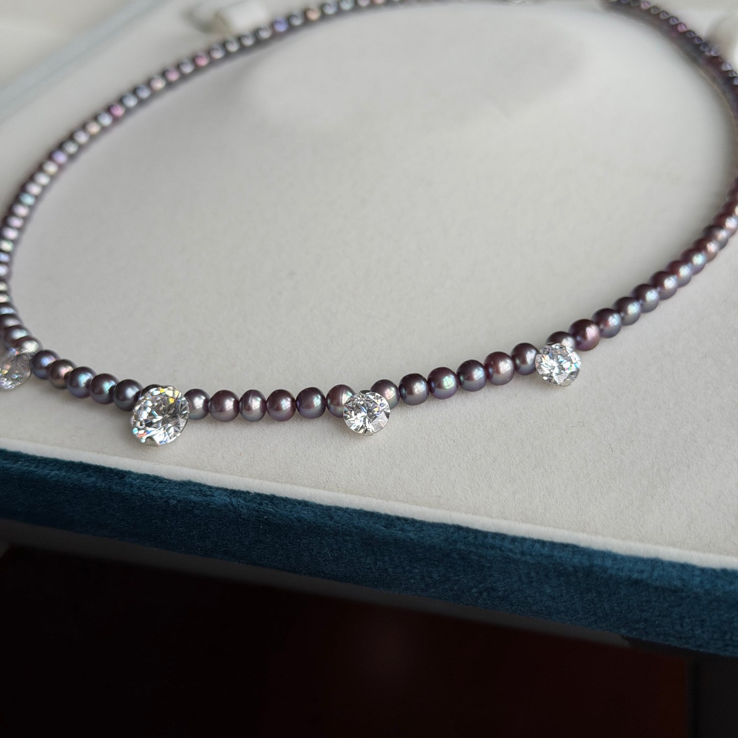 Stunning 4-5mm Metallic luster purple pearl with 5 sparkle zircon stone necklace s925