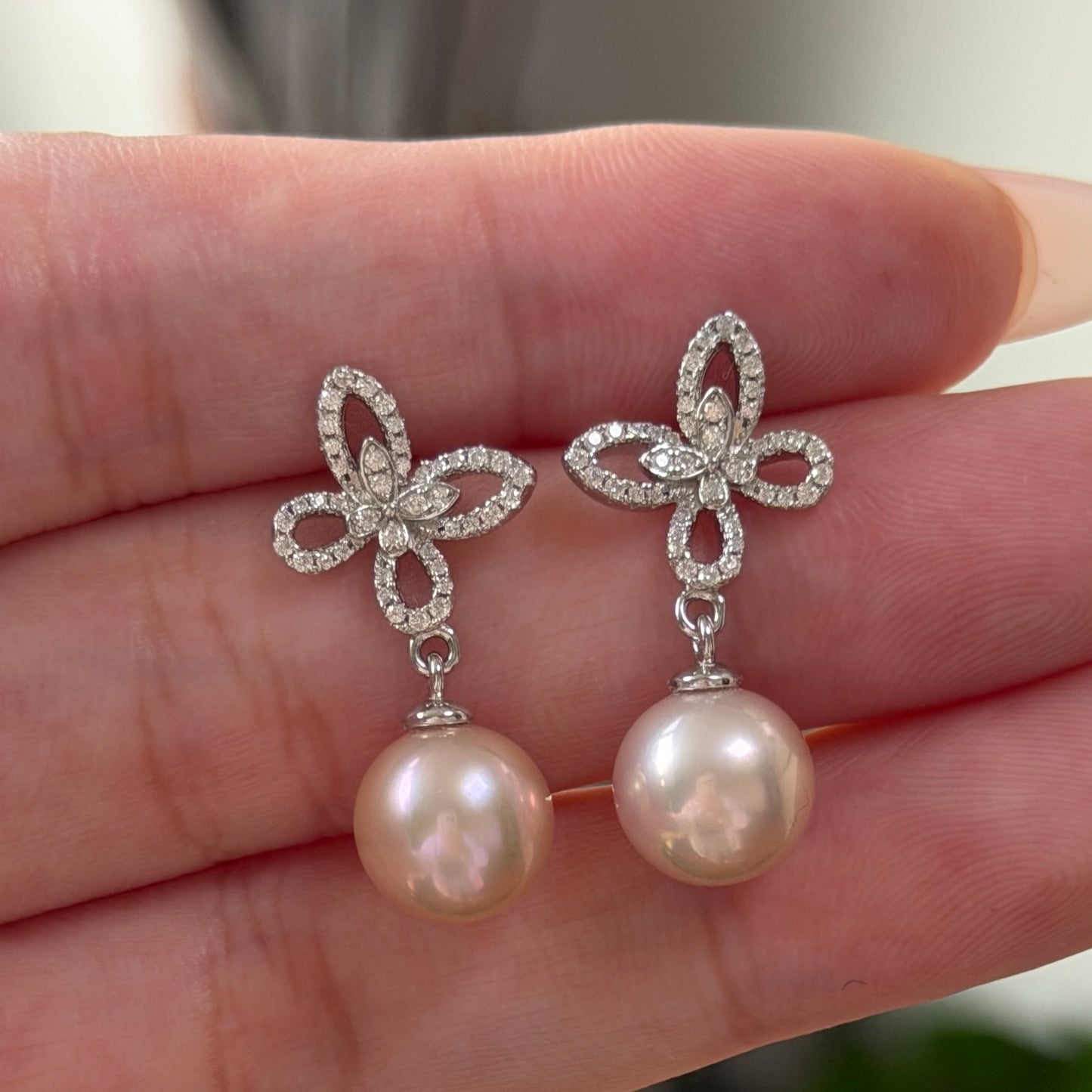 9-10mm Top grade Seedless Round shape Freshwater pearl butterfly earrings s925