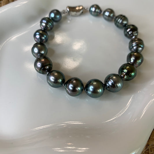 Black Tahitian baroque pearl peacock stunning luster bracelet s925 clasp 16cm