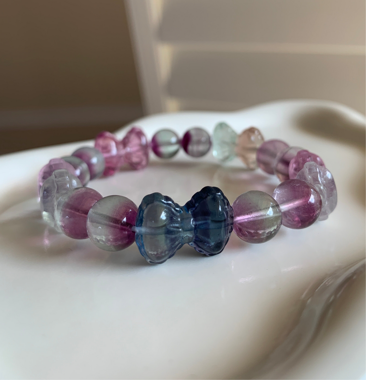 Fluorite Crystal Bracelet bowtie Rainbow with round Fluorite Stone Bracelet, Gemstone Bracelet Beaded Stone Jewelry