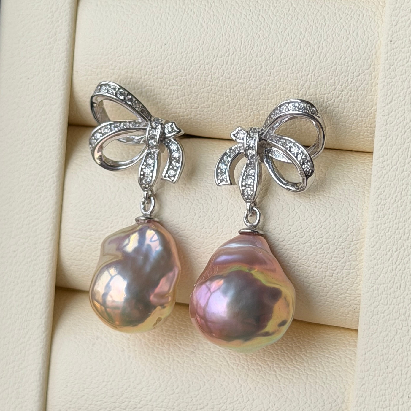 Rare one-of-a-kind small baroque metallic rose golden green luster Bow romantic drop earrings s925 11-13mm
