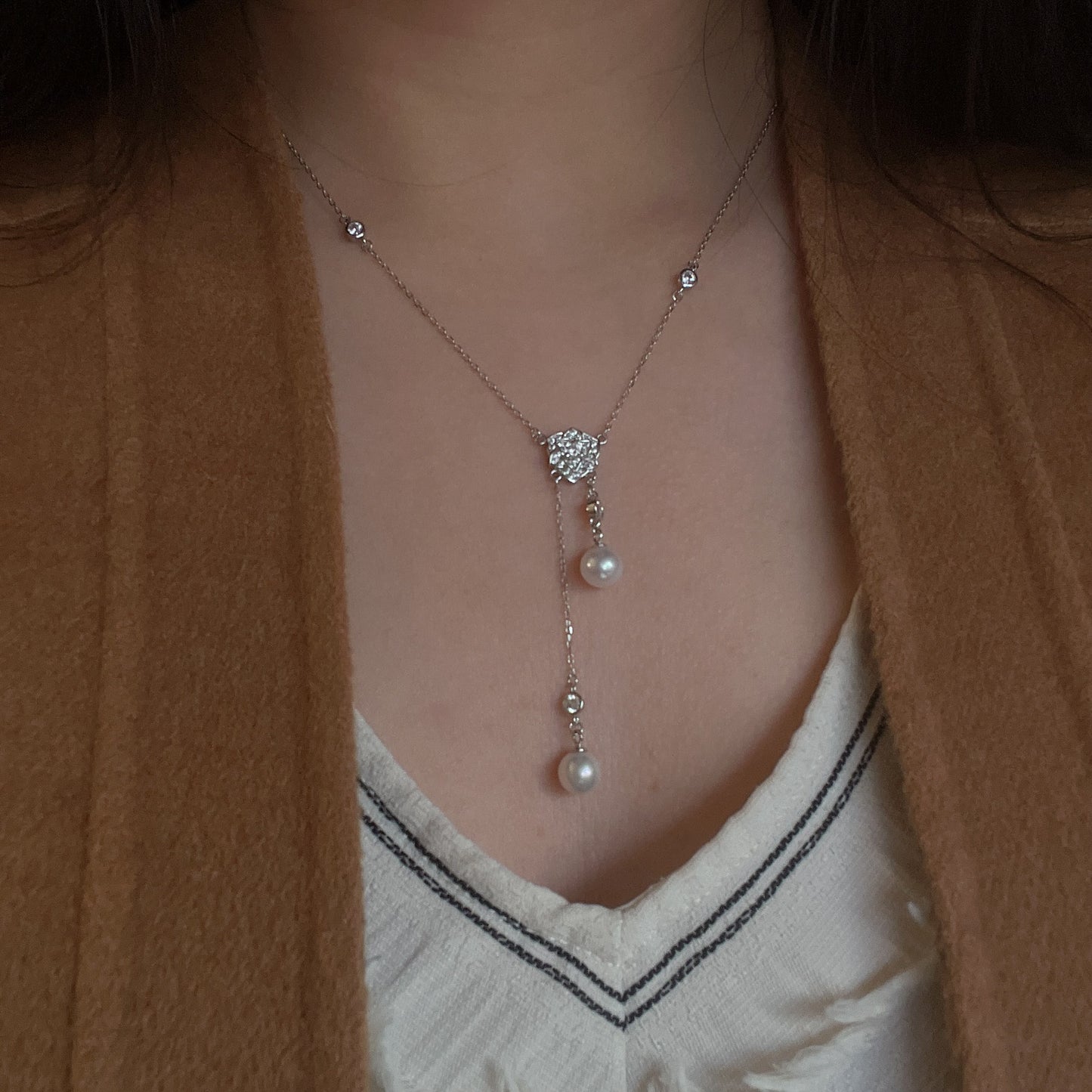 Dainty floral Freshwater AK Pearl drop necklace s925 Amazing luster