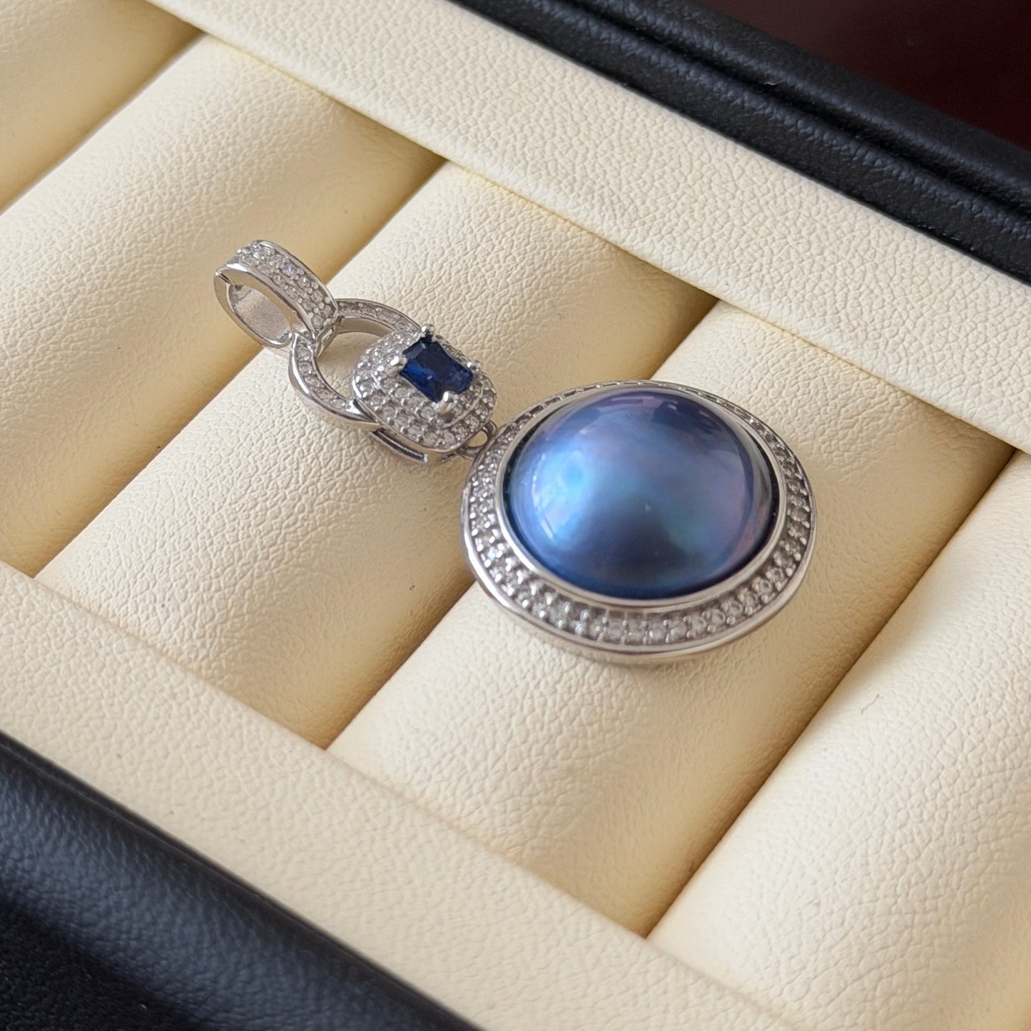 Seawater Mabe Ocean Blue Color Pendant ONLY cz blue stone s925 detachable attachment included Mabe size 14mm Setting 20mm
