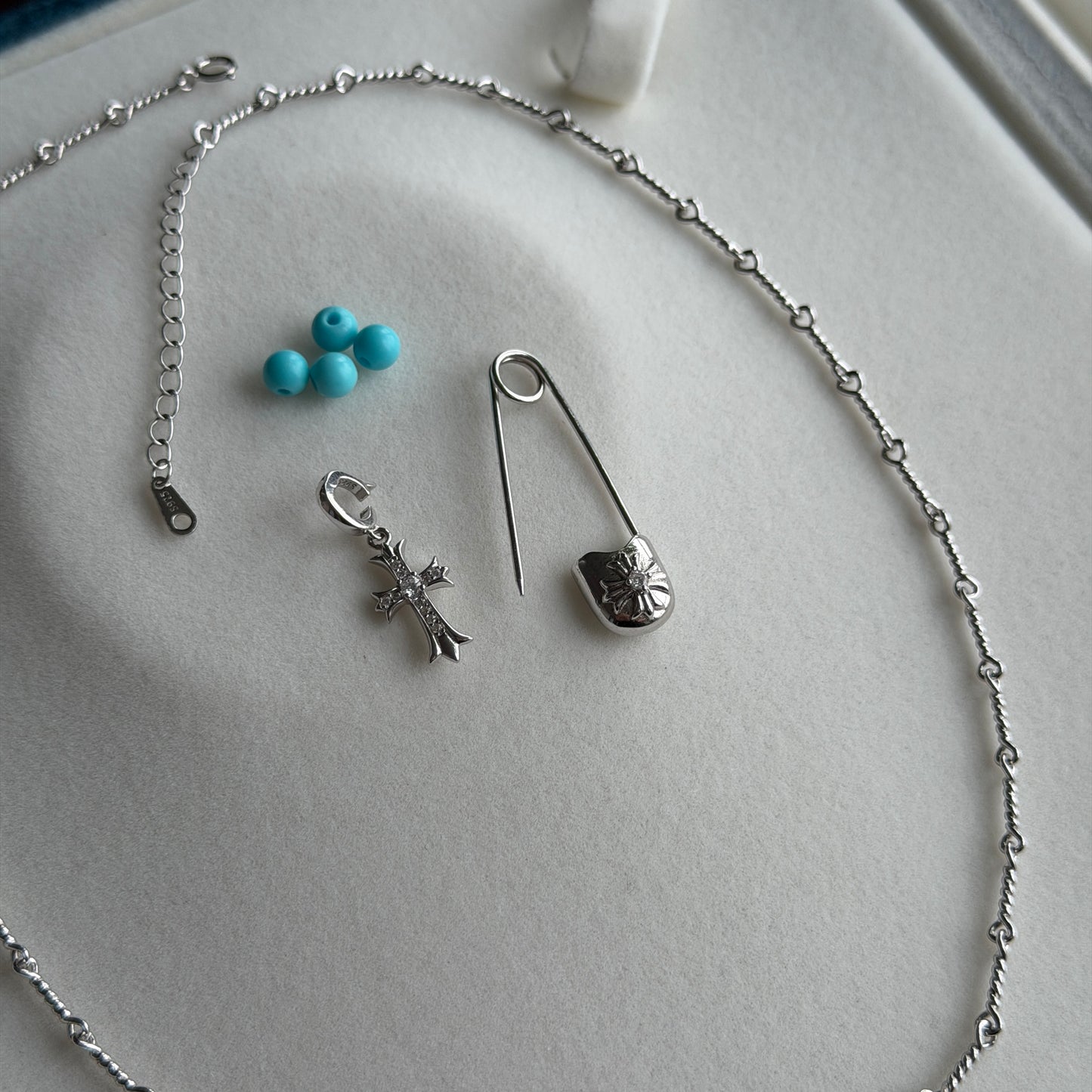 Super fun Chrome Turquoise heart with cross chain necklace s925 rock n roll cool style versatile necklace