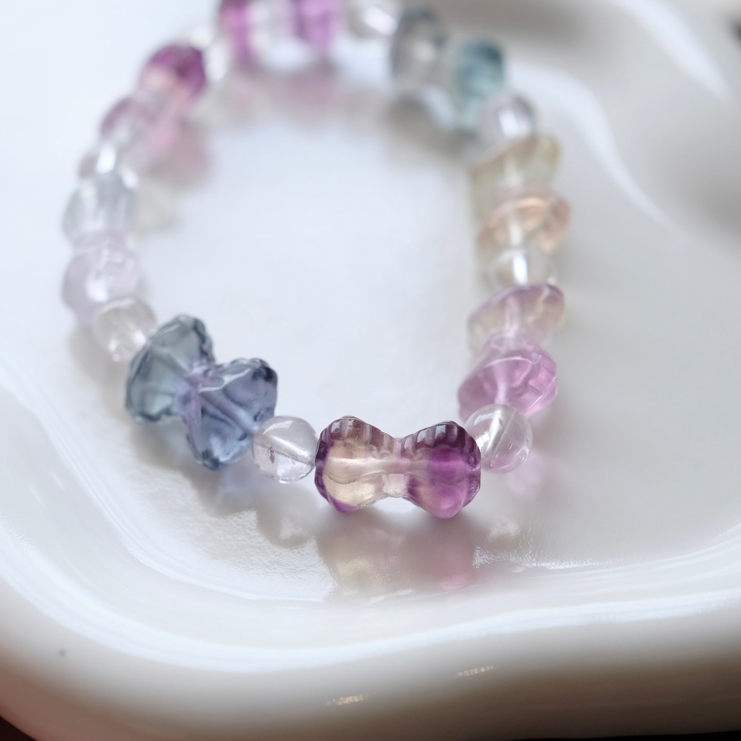 Fluorite Crystal Bracelet Bowtie Rainbow Fluorite Stone Bracelet, round crystal Gemstone Bracelet Beaded Stone Jewelry
