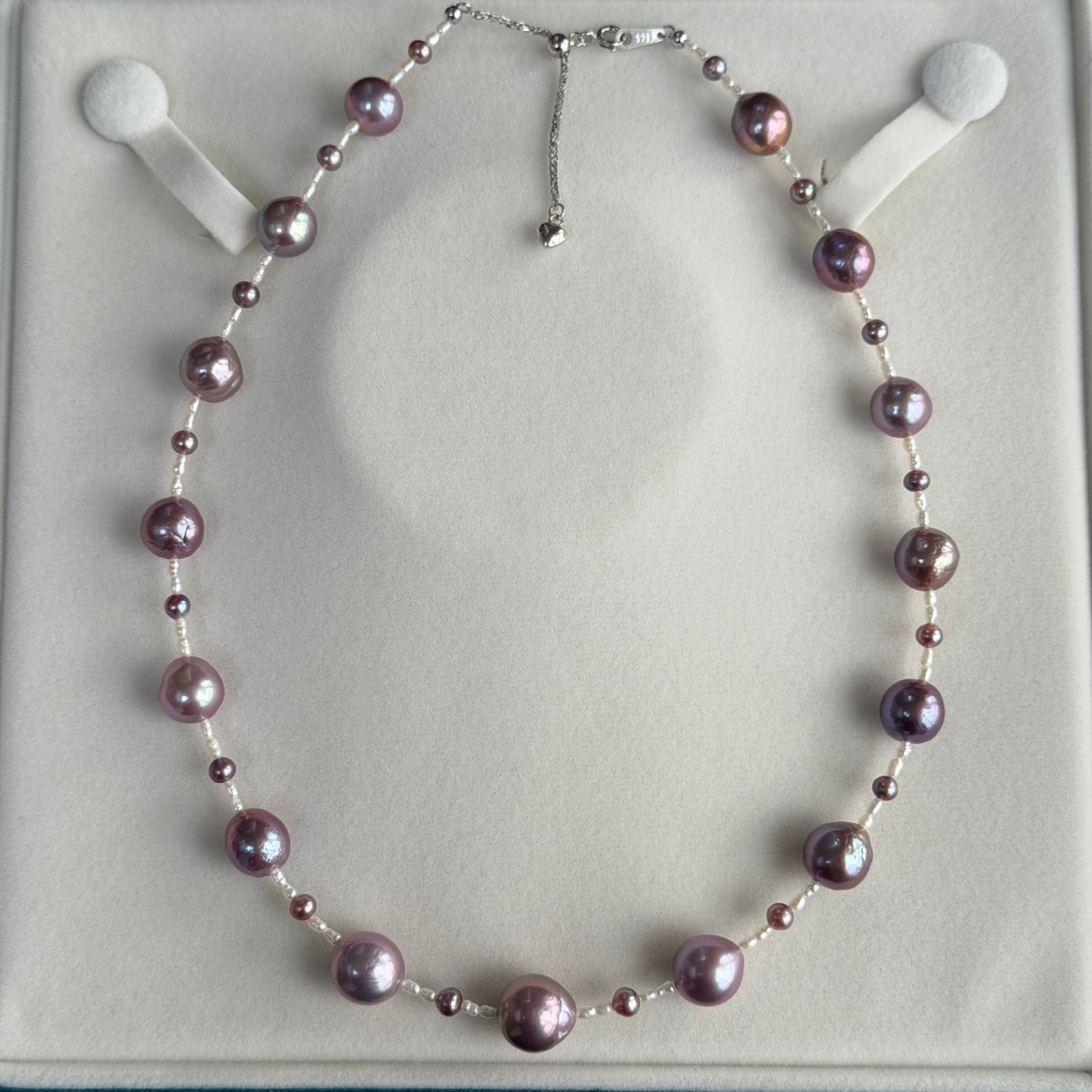 9.5-12mm & 4-5mm Metallic purple freshwater pearl necklace with white Freshwater Keshi s925