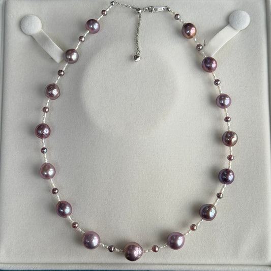 9.5-12mm & 4-5mm Metallic purple freshwater pearl necklace with white Freshwater Keshi s925