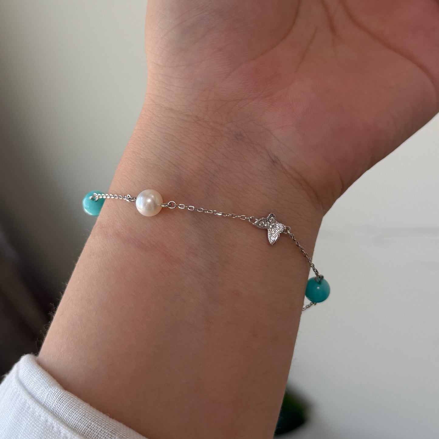 Freshwater pearl with Amazonite butterfly bracelet dainty style s925