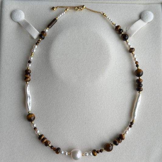 Stylish Tiger eye pearl necklace s925